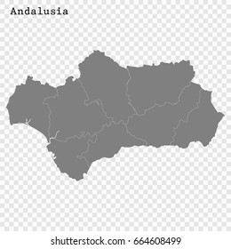 High Quality map of Andalusia is a region of Spain, with borders of the regions