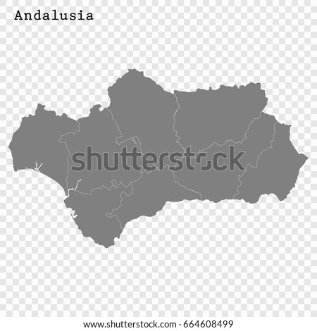 High Quality map of Andalusia is a region of Spain, with borders of the regions