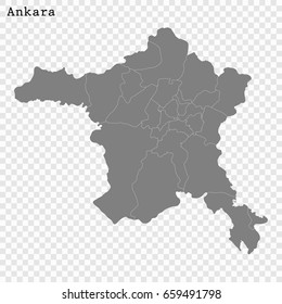 High Quality map of Ankara is a city of Turkey, with borders of the regions