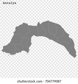High Quality map of Antalya is a province of Turkey, with borders of the Districts