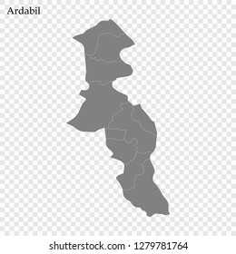 High Quality map of Ardabil is  province of Iran, with borders of the municipalities