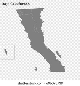 High Quality map of Baja California is a state of Mexico, with borders of the municipalities