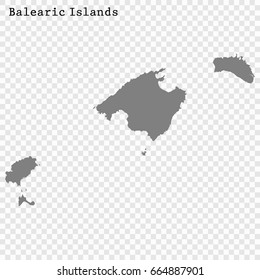 High Quality map of Balearic Islands is a region of Spain, with borders of the regions