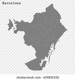 High Quality map of Barcelona is a city of Spain, with borders of the districts