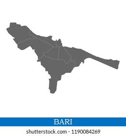 High Quality map of Bari is a city of Italy, with borders of districts