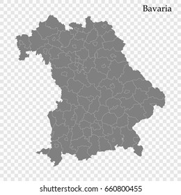 High Quality map of Bavaria is a state of Germany, with borders of the regions