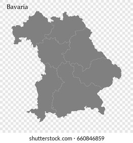 High Quality map of Bavaria is a state of Germany, with borders of the regions