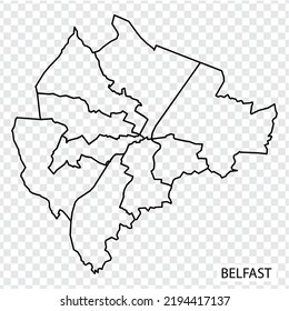 High Quality map of Belfast is a city of Northern Ireland, with borders of the districts. Map of Belfast for your web site design, app, UI. UK. Northern Ireland. EPS10.