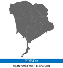 High Quality map of Breda is a city of Netherlands, with borders of the districts
