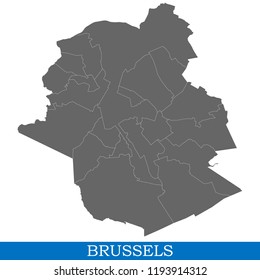 High Quality map of Brussels is a city in Belgium, with borders of districts