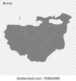 High Quality map of Bursa is a province of Turkey, with borders of the Districts
