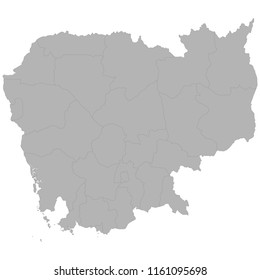 High quality map of Cambodia with borders of the regions on white background