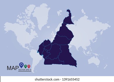 High quality map of Cameroon, map - blue pastel graphic background . Vector illustration eps 10.Blue gradient Cameroon map. Detailed, Mercator projection. - Vector