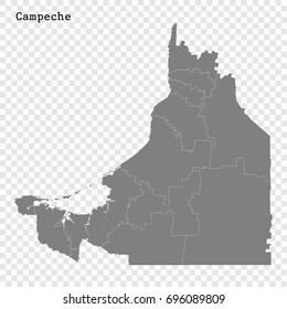 High Quality map of Campeche is a state of Mexico, with borders of the municipalities