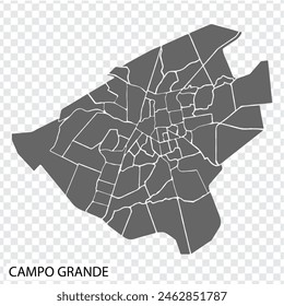 High Quality map of Campo Grande is a city of Brazil, with borders of the districts. Map of Campo Grande city for your web site design, app, UI. EPS10. 