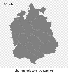 High Quality map of Zürich is a canton of Switzerland, with borders of the districts