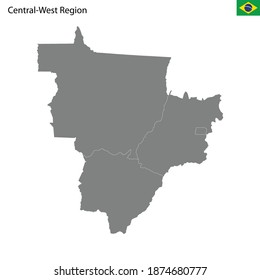 High Quality map Central-West region of Brazil, with borders of the states