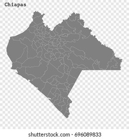 High Quality map of Chiapas is a state of Mexico, with borders of the municipalities