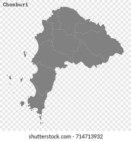 High Quality map of Chonburi is a province of Thailand, with borders of the districts