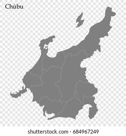 High Quality map of Chubu is a region of Japan, with borders of the prefectures