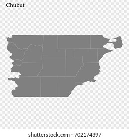 High Quality map of Chubut province is a district of Argentina with borders of the departments