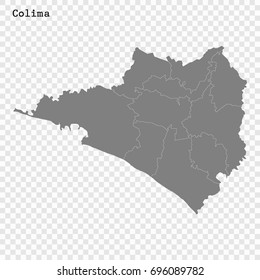 High Quality map of Colima is a state of Mexico, with borders of the municipalities