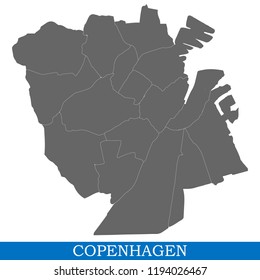 High Quality map of Copenhagen is a city in Denmark, with borders of districts
