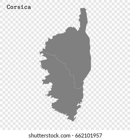 High Quality map of Corsica is a region of France, with borders of the departments