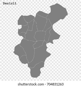 High Quality map of Denizli is a province of Turkey, with borders of the Districts