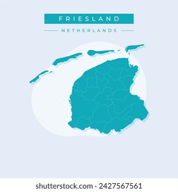 High Quality map of Friesland is a province of Netherlands, with borders of the Municipalities