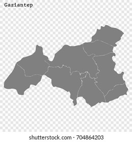 High Quality map of Gaziantep is a province of Turkey, with borders of the Districts