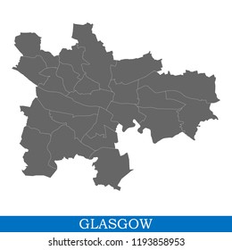 High Quality map of Glasgow is a city in United Kingdom, with borders of districts