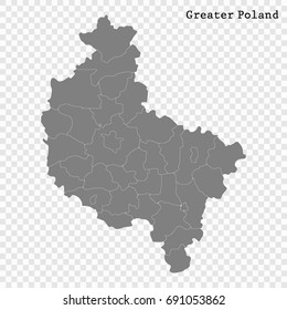 High Quality map of Greater Poland is a Voivodeship of Poland with borders of the powiats