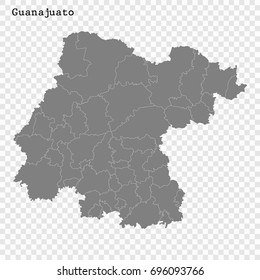 High Quality map of Guanajuato is a state of Mexico, with borders of the municipalities