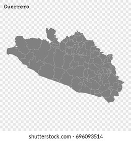 High Quality map of Guerrero is a state of Mexico, with borders of the municipalities