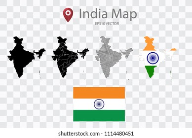 High quality map of India with black dots and ,and Flag map,on transparent background.Vector eps 10