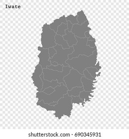 High Quality map of Iwate is a prefecture of Japan with borders of the districts