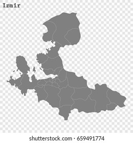 High Quality map of Izmir is a city of Turkey, with borders of the regions