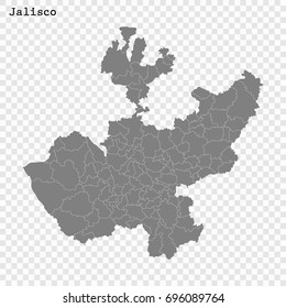 High Quality map of Jalisco is a state of Mexico, with borders of the municipalities