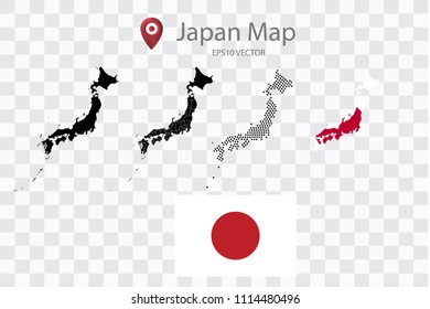 High quality map of Japan with black dots and ,and Flag map,on transparent background.Vector eps 10
