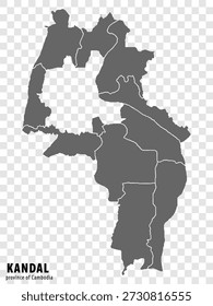 Mapa de alta calidad de la provincia de Kandal de Camboya, con las fronteras de los distritos. Mapa de la provincia de Kandal para su diseño de Sitio web, App, interfaz de usuario. EPS10.