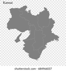 Mapa de alta calidad de Kansai es una región de Japón, con fronteras de las prefecturas.