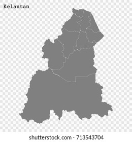 High Quality map of Kelantan is a state of Malaysia, with borders of the districts