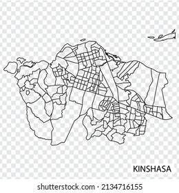 High Quality map of  Kinshasa is a capital  of  DR of the Congo, with borders of the regions. Map of  Kinshasa for your web site design, app, UI.  Democratic Republic of the Congo. EPS10.