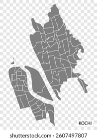 High Quality map of Kochi is a city of India, with borders of the districts. Map of Kochi for your web site design, app, UI. EPS10.
