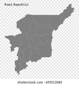 High Quality map of Komi Republic is a region of Russia with borders of the districts