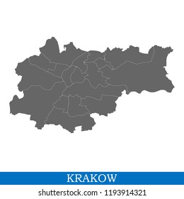 High Quality map of Krakow is a city in Poland, with borders of districts
