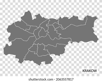 High Quality map of Krakow is a city  The Poland, with borders of the regions. Map Krakow for  Lesser Poland your web site design, app, UI. EPS10.