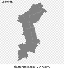 High Quality map of Lamphun is a province of Thailand, with borders of the districts