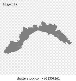 High Quality map of Liguria is a region of Italy, with borders of the provinces